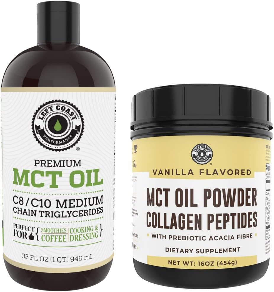 Left Coast Performance 32oz Premium MCT Olie en 16oz Vanilla MCT + Collageen Poeder