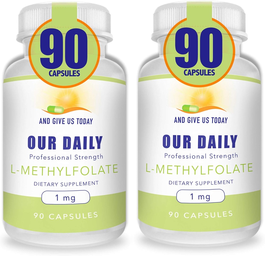 Onze Daily Vites L-methylfolaat 1mg / 1000 mcg Maximale sterkte actieve folaat, 5-MTHF, Filler Free, Glutenvrij, Niet-GMO, Vegetarische Capsules 90 Tellen (Pack of 2)