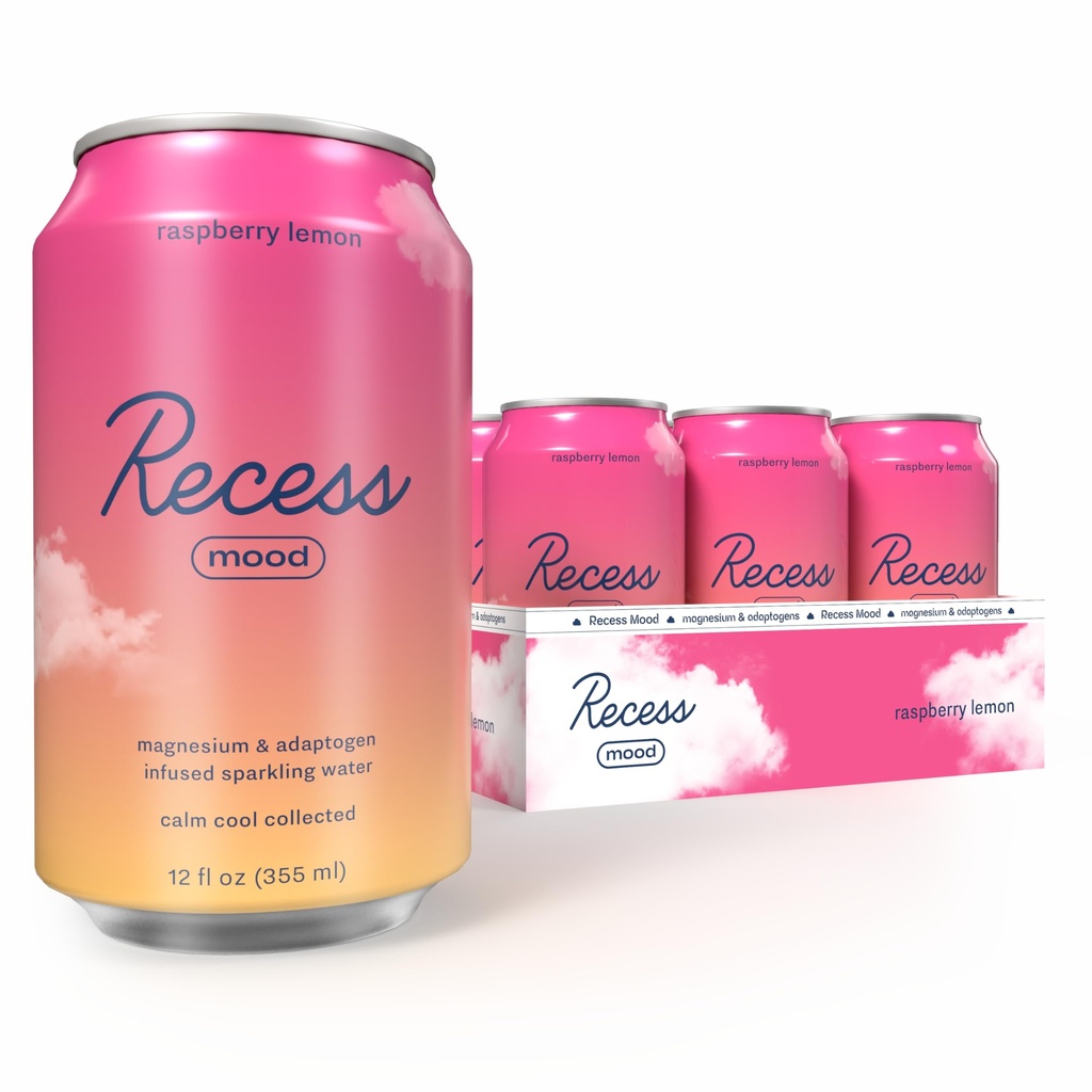 Recess Mood Magnesium & Adaptogen Drink, Kalmerende Ontspanning Drank, 12 ounce (Raspberry Lemon, 12 pack)