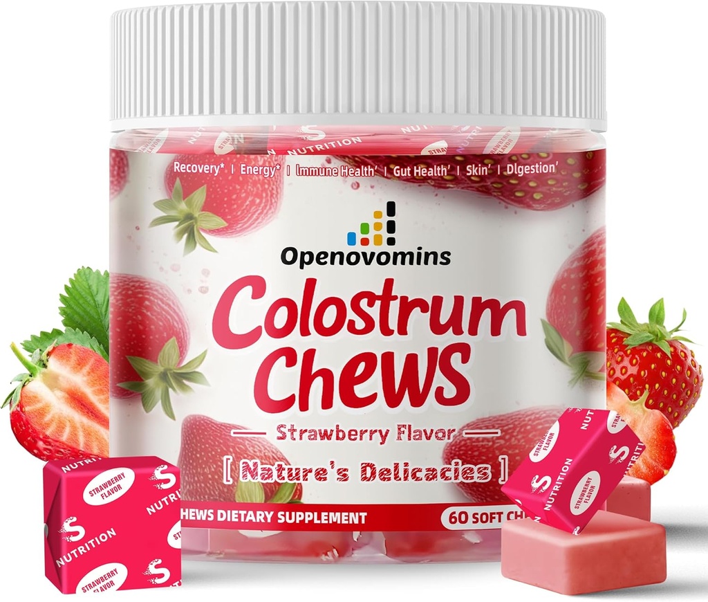 Supplément Bovin Colostrum Soft Chews avec des probiotiques pour la santé des Guts, Bloating, Immune Support, la peau, la croissance des cheveux et la beauté - Fraise Flavor (60 portions)