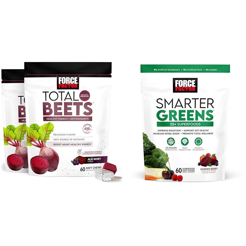 Force Factor Total Beets Soft Kauwen met bieten, druivenzaad Extract, Antioxidanten, Nitraten, L-Citrulline, 120 Tellen, 2-Pack en slimmere Greens Superfood Kauwen met 25+ Superfoods, Probiotica, Antioxidanten en Vezel, 60 Tellen
