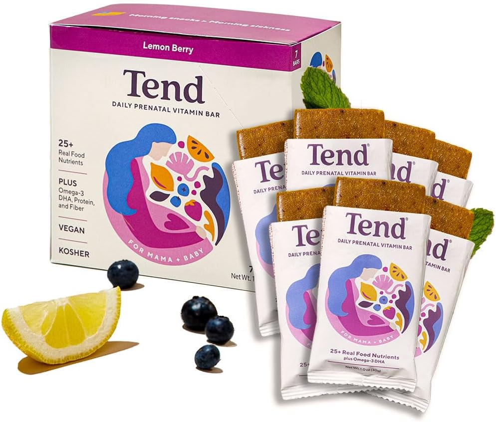 Tend Daily Best Prenatale Vitamine Bar, gemaakt met biologische ingrediënten voor zwangere en postpartum moeders, Inclusief DHA, vitamine D, B, Choline, Folaat - Citroen Berry (7ct)
