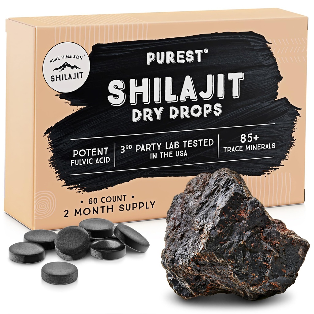 Pure Himalaya Shilajit Dry Drops, 100% Pure Natural Shilajit, Grade A, Max Potency 85+ Clean Trace Minerals & Fulvic Acid for Energy, Metabolisme & Immune Support Supplement for Men & Women (60 tabs)