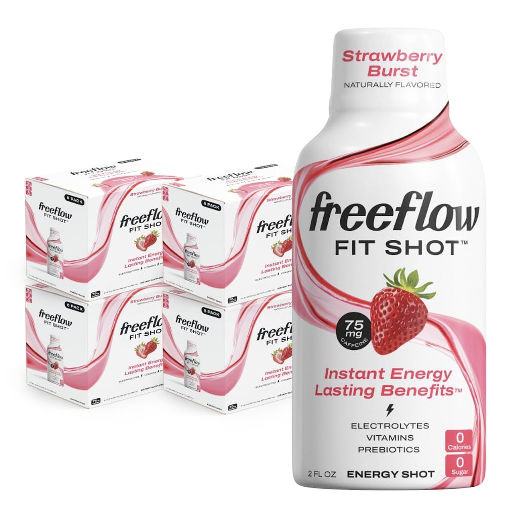 Shots d'énergie Freeflow Fit, Burst de fraises, Boost de caféine naturelle avec L-théanine, Ginseng, Vitamines, Prébiotiques, Electrolytes (24 Nombre, 2oz shots)