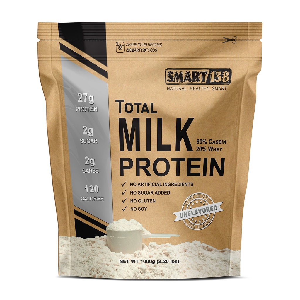 Smart138 Protéines totales de lait - 80% Caséine 20 % Whey - RBST/rBGH Hormone Free, sans gluten, sans soja, non-OGM, États-Unis, kéto faible teneur en glucides, BCAA naturelles (1000g / 2,2lbs, non aromatisé)