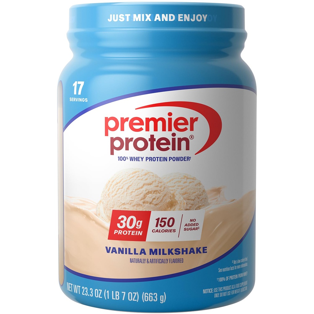 Premier Proteïne Poeder, Vanille Milkshake, 30g Proteïne, 1g Suiker, 100% Wei Proteïne, Keto Vriendelijk, Geen Soja, Glutenvrij, 23,3 oz (17 Servers)