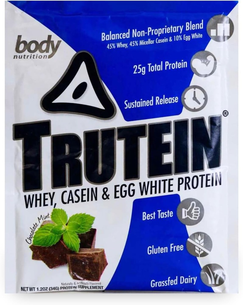 Body Nutrition Trutein Hoog Proteïnepoeder: 45% Wei, 45% Caseïne, 10% Egg White, Glutenvrij, Laag Natrium, Gras Fed Wei Proteïne Poeder, Gym Supplement & Breakfast Shake, Chocolademunt, 34g Monster
