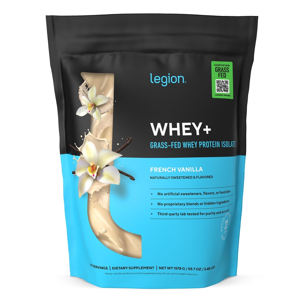 LÉGION Whey+ Protein Whey Isolate from Grass Fed Vows - Whey Protein Isolate Poudre à faible teneur en calories, non-OGM, sans sucre, sans lactose et sans gluten, toutes les protéines naturelles en poudre pour hommes et femmes (60 portions)