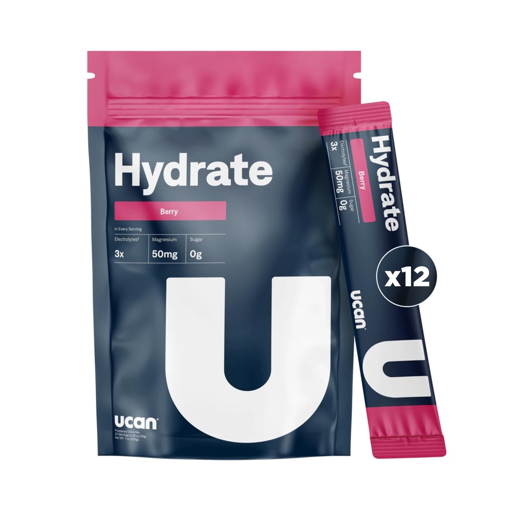 UCAN Hydrate Electrolyte Drink Mix (Berry, 12 Stickpacks) Sugar-Free, Keto-Friendly, Veganistisch, Non-GMO, Glutenvrije Electrolyte Poeder met Kalium & Magnesium voor Runners & Atleten
