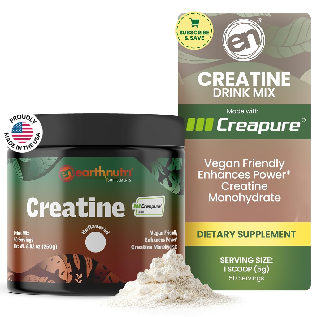 EarthNutri poudre monohydratée de créatine - Supplément de créatine pure pour la force musculaire, la force et la performance – non-OGM, sans sucre, sans additif – pour les hommes et les femmes, sans saveur 250g