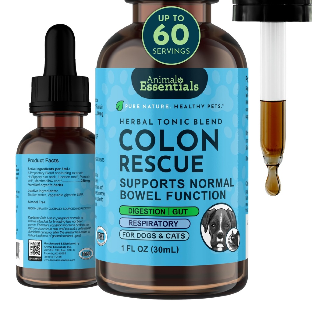 Animal Essentials Colon Rescue for Dogs & Cats - Relief de constipation, Adoucisseur de tabouret avec Elm Slippery, Racine Marshmallow, Racine de réglisse - 1 Fl Oz