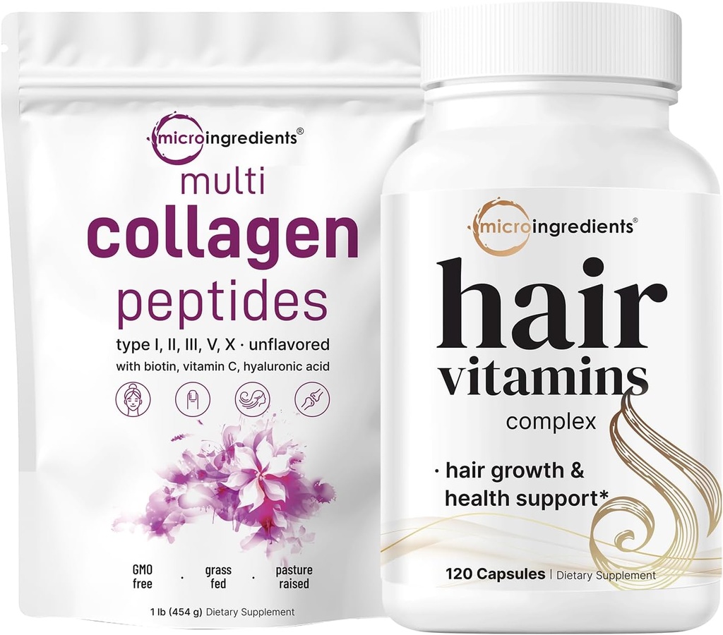 Micro Ingrediënten Multi Collageen Proteïne Poeder 16oz & Hair Vitamins Complexe Capsules Bundel 2 Pack 