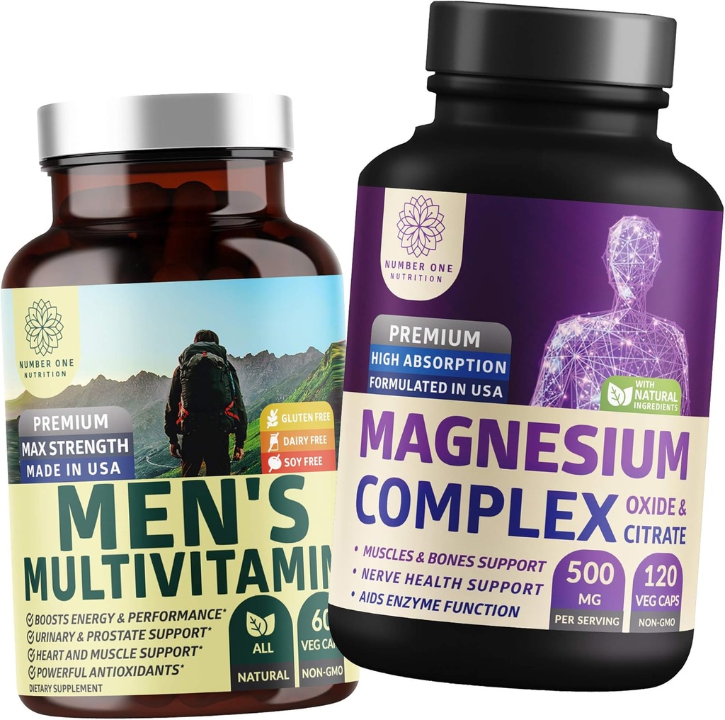 N1N Premium Magnesium Complex en mannen Multivitaminen, Alle natuurlijke supplementen om energie te verbeteren, Immuniteit en ondersteuning bot, spier en zenuwfunctie, 2 Pack bundel