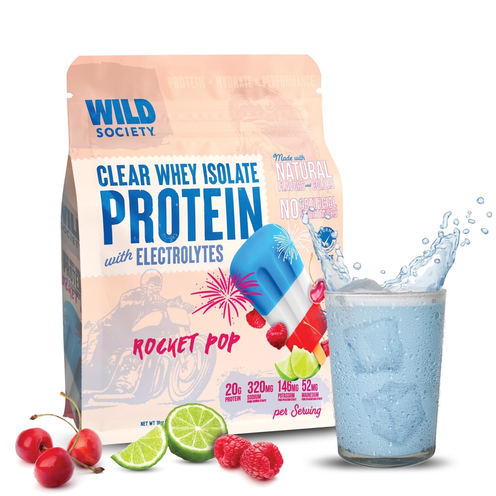WILD MAATSCHAPPIJ - Clear Whey Protein + Elektrolyten - Refreshing Whey Protein Isolaat Poeder - 20g Proteïne, 0 Toegevoegd Suiker, GGO-vrije, natuurlijke smaken & kleuren - Raket Pop, 16 oz