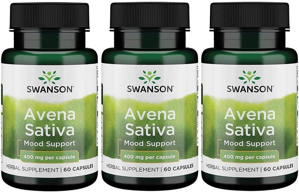 Swanson Full Spectrum Avena Sativa (Green Oat Grass) - Supplément à base de plantes Promouvoir la santé du système nerveux - Formule naturelle favorisant le bien-être général - (60 capsules, 400 mg chacune) 3 Pack