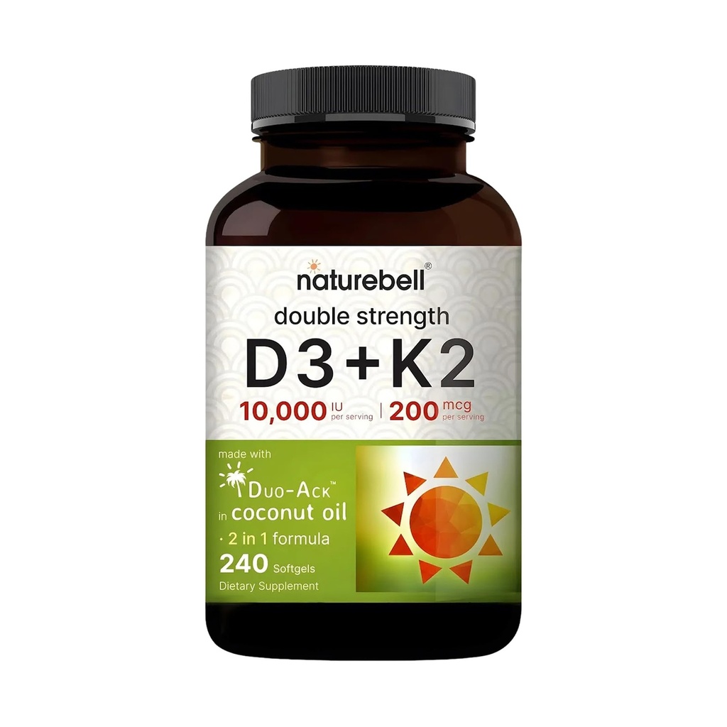 NatureBell Vitamin Double Strength D3 + K2-240 Softgels - 10.000 IE Vitamine D & 200mcg K2 - Bone Strength, Immune Function & Calcium Absorptie Support* - Coconut Oil Infunded