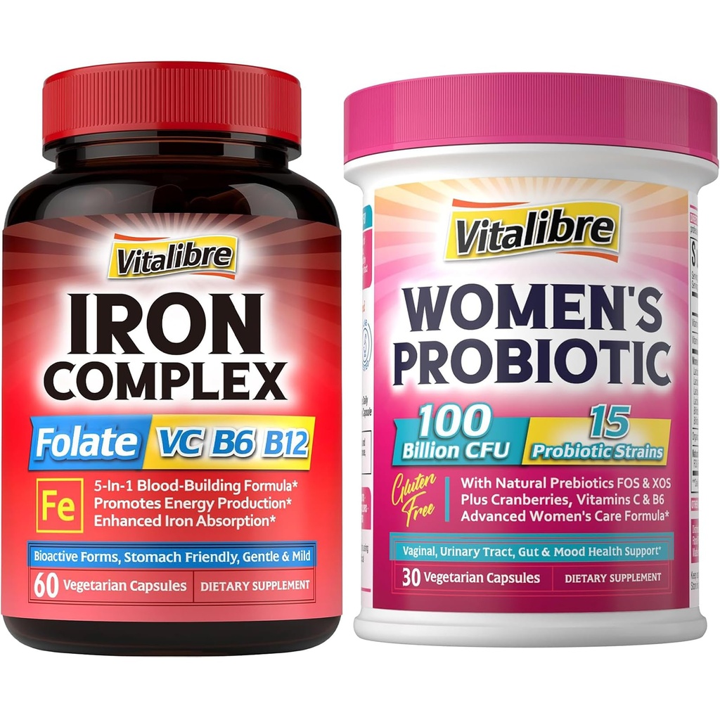 Supplément en fer pour les femmes et les hommes, avec des vitamines C, B6, B12 & Folate+Vitalibre Probiotiques pour les femmes 100 milliards CFU, 15 souches, avec/prébiotique, canneberge, vitamine B6 et VC,