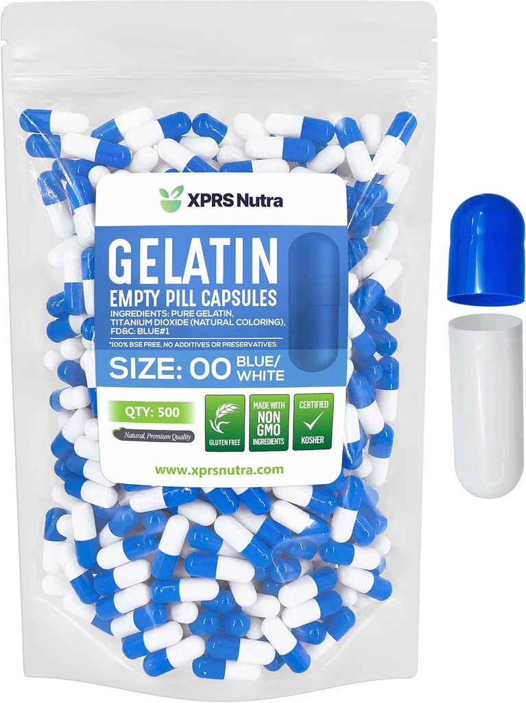 XPRS Nutra Size 00 Capsules vides - 500 Capsules de gélatine vides de compte - Pills Bricolage Capsule Remplissage - Gel de pilules rechargeables pour les suppléments Do-It-Youlf (Blue/White)