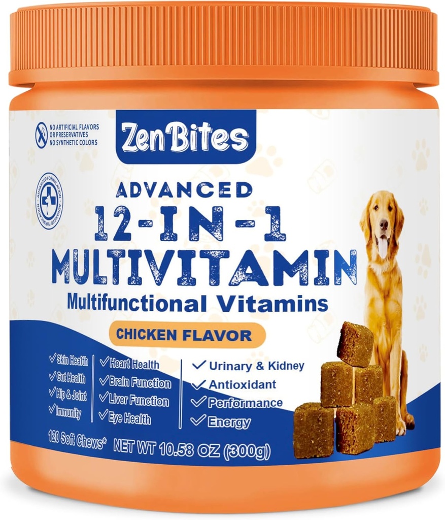 12-in-1 Hondenvitaminen & Probiotica 120 Zachte Kauwen - Biologische Multivitamine met Glucosamine voor honden - Gezamenlijke Ondersteuning Supplement voor Honden van alle leeftijden, Maten, & Rasen,Ondersteunt huid, Heart,Immuniteit