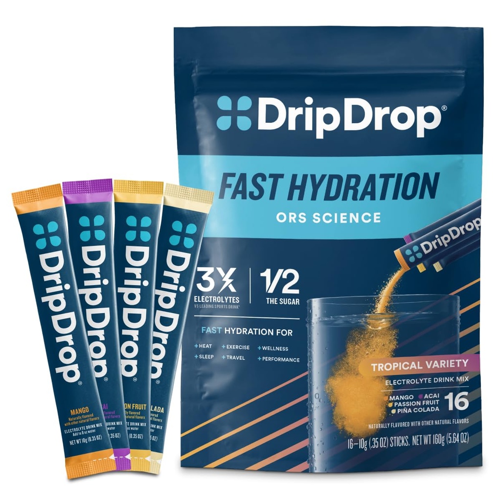 DripDrop Hydration Packets - Tropical Variety Pack - Single Serve Electrolytes Powder Drink Mix - Mango, Açaí, Passion Fruit, Piña Colada - Non-GMO, Glutenvrij, Veganistisch - 16 Sticks