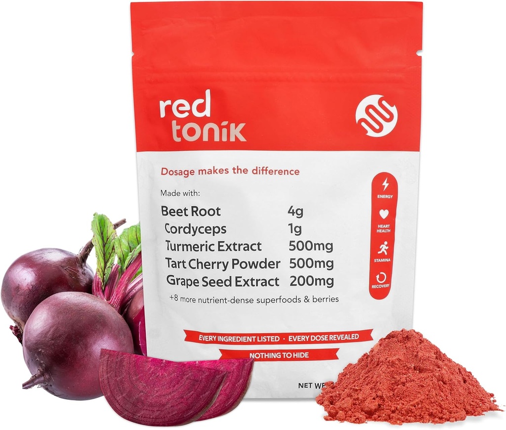 Red Tonik Superfood Powder (en poudre)Beet Root (en chinois)Mushroom (en anglais)Turmeric (en anglais) Supplément quotidien avec 13 superaliments (en anglais)Vitamines et minéraux (en anglais)Boost Energy, Stamina (en anglais)