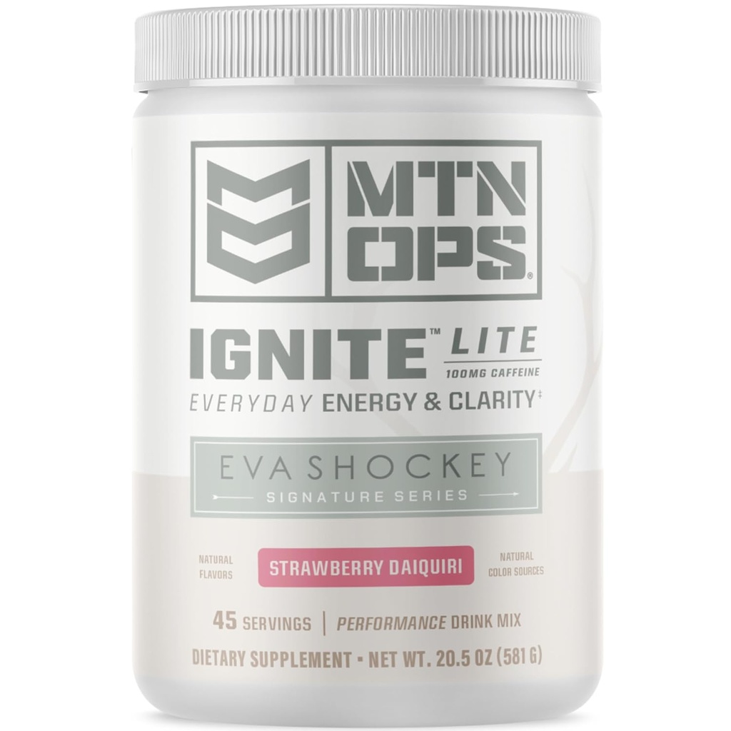 MTN OPS Ignite Lite Energy Drink Powder Glutenvrije Nitric Oxide Supplement Drink Mix, L Arginine, L Citrulline, Cafeïne & Nootrope Sugar Free Drink Mix, 45 Servings, Aardbei Daiquiri Flavor door Eva Shockey