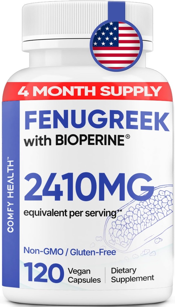 Fenegriek Capsules, 2410mg Per Capsule, 120 Telling, Fenegriek Pillen met Bioperine voor Superior Absorptie, Non-GMO, Glutenvrije Fenegriek Zaden Extract Supplementen, Fenogreco Capsulas