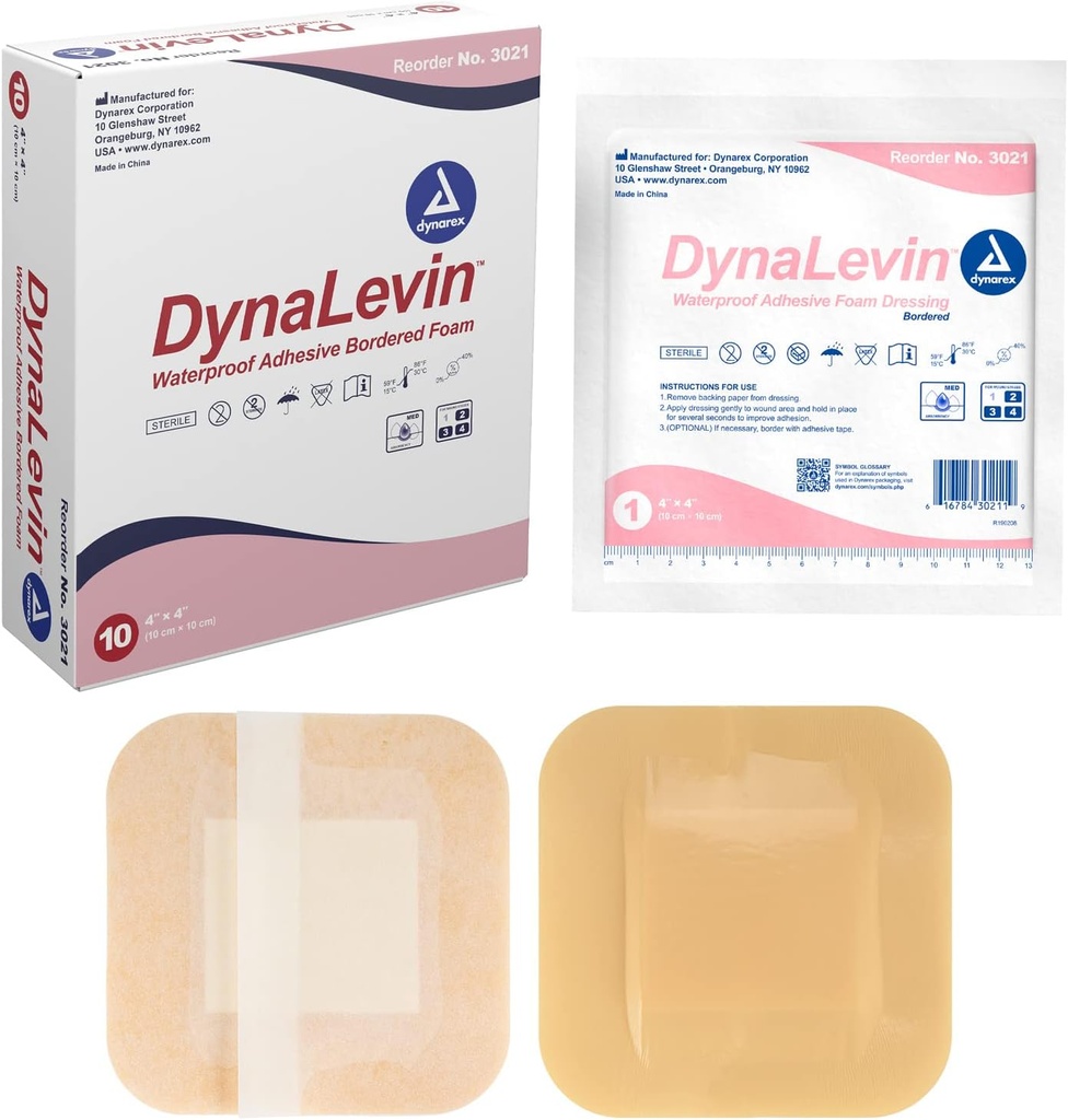 Dynarex Dynalevin Imperméable Mousse bordure Adhésive, 10 Comte/4 x 4 pouces
