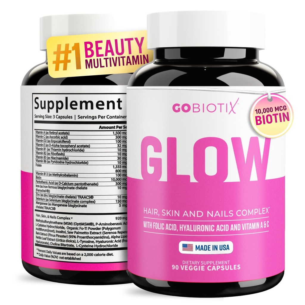 GOBIOTIX Peau et ongles de cheveux Supplément vitamine - 10000mcg Pilules de biotine avec acide hyaluronique, folate, fer, magnésium et zinc - Production de collagène, croissance des cheveux - 30 portions