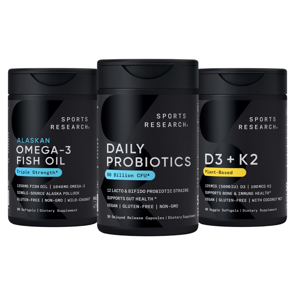 Sportonderzoek Wilde Alaska Pollock Omega 3 Visolie 90 Softgels (1250 mg) + Vegan Probiotica met Prebiotica, 60 miljard CFU (30 Softgels) + 5000 IE Vitamine D + 100 mcg Mk7 Vitamine K (60 Softgels)
