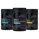 Recherche sportive Wild Alaskan Pollock Omega 3 Huile de poisson 90 Softgels (1250 mg) + Probiotiques végétaliens avec prébiotiques, 60 milliards CFU (30 Softgels) + 5000 UI Vitamine D + 100 mcg Mk7 Vitamine K (60 Softgels)