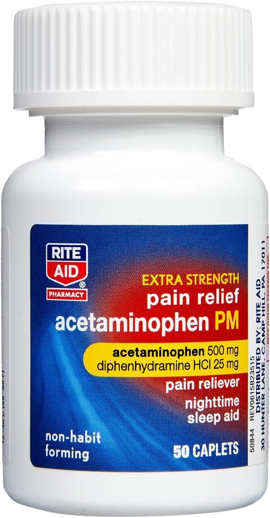Rite Aid Extra Strength PM Pain Relief Caplets, 500mg Acetaminophen / 25mg Difenhydramine - 50 Tellen 