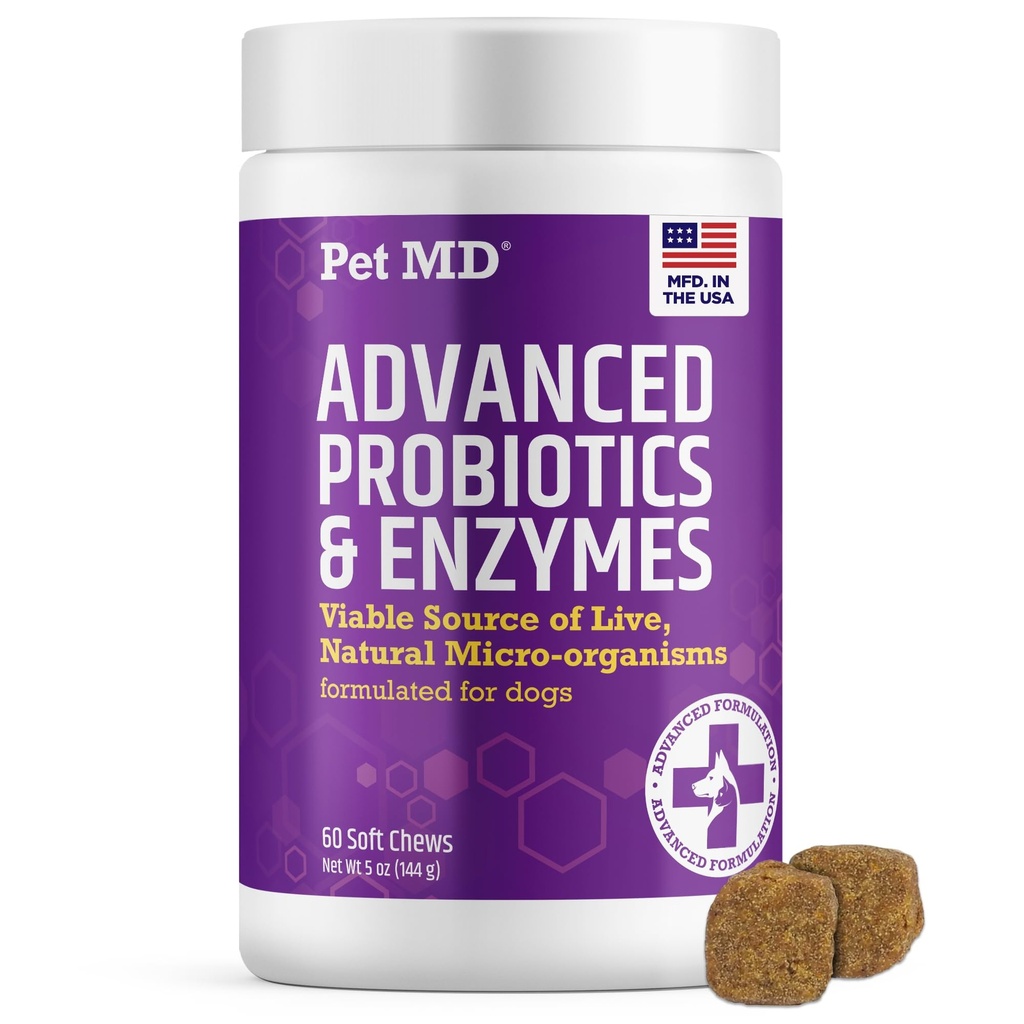 Pet MD Probiotica & Enzymen voor honden - Gut Health Kauwt met prebiotica - Digestieve hulp voor honden met een verstoorde maag, diarree, constipatie, of gas - Functionele probiotica voor honden - 60 ct