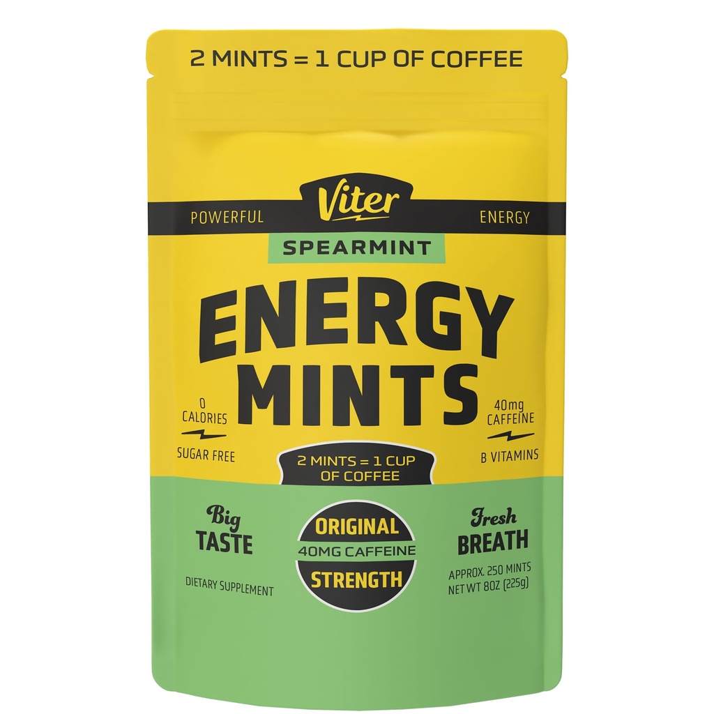 Viter Energy 40mg Cafeïnemuntjes - Suikervrij, B Vitaminen, Vegan, Boosts Fast Energized Alert Focus, Cafeïnated Nootropic Supplement Pillen (Spearmint smaak, 8oz, Bulk Bag)