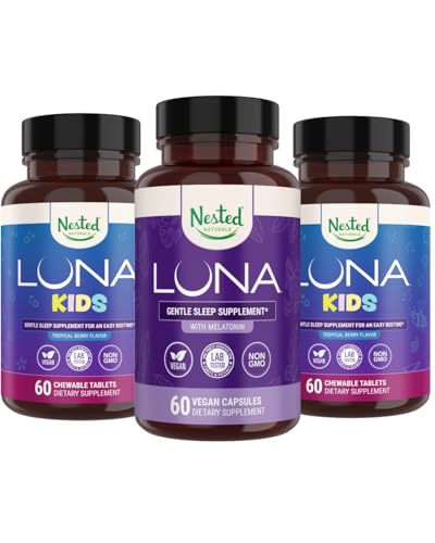 Nested Naturals Luna Kids Supplément sommeil (60 comprimés à croquer) et Luna Aide naturelle au sommeil (60 capsules véganes)