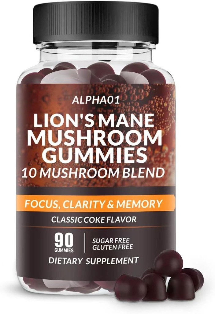 Paddestoelen Gummies - 10x Paddestoelensupplement met Ashwagandha en Lions Mane - Nootropic Brain Supplement, Immune Support & Stress Relief (90 CT) Klassieke Coke
