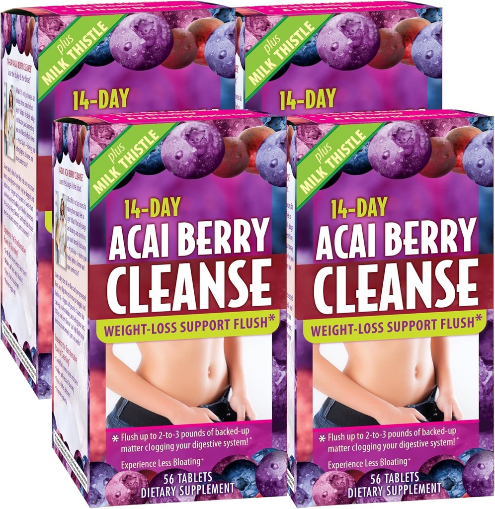 Toegepaste voeding 14-Dag Acai Berry Cleanse - 56 tabletten, Verpakking van 4 - Gewicht-Loss Ondersteuning Flush + Melkdistel - 112 Totaal porties