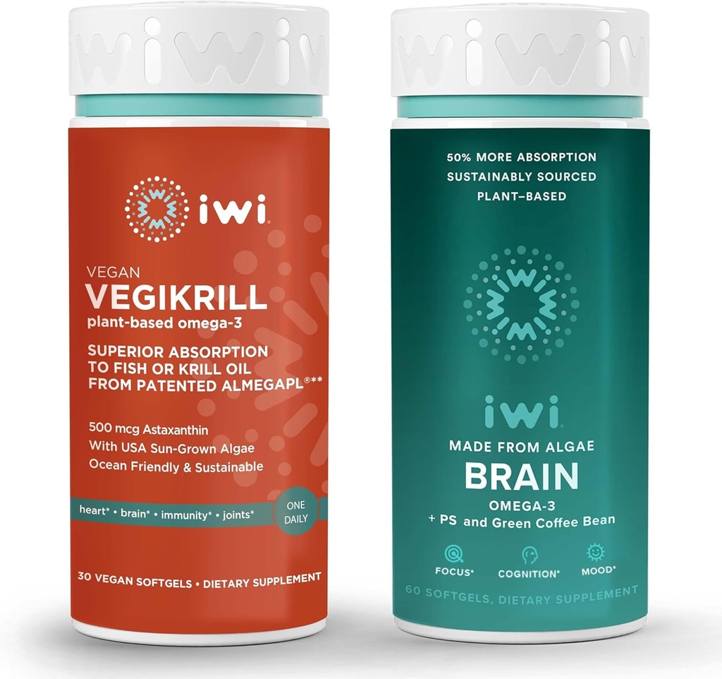 Iwi Life Vegikrill & Brain Omega-3 Bundle, 30 Servers, Vegan Plant Based Algen Omega 3 met EPA + DHA, Krill & Fish Oil Alternative, No Fishy Aftersmaak