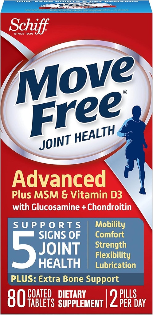 Move Free Advanced Glucosamine Chondroitin MSM Vitamine D3 en Hyaluronzuur Joint Supplement, 80 Tellen