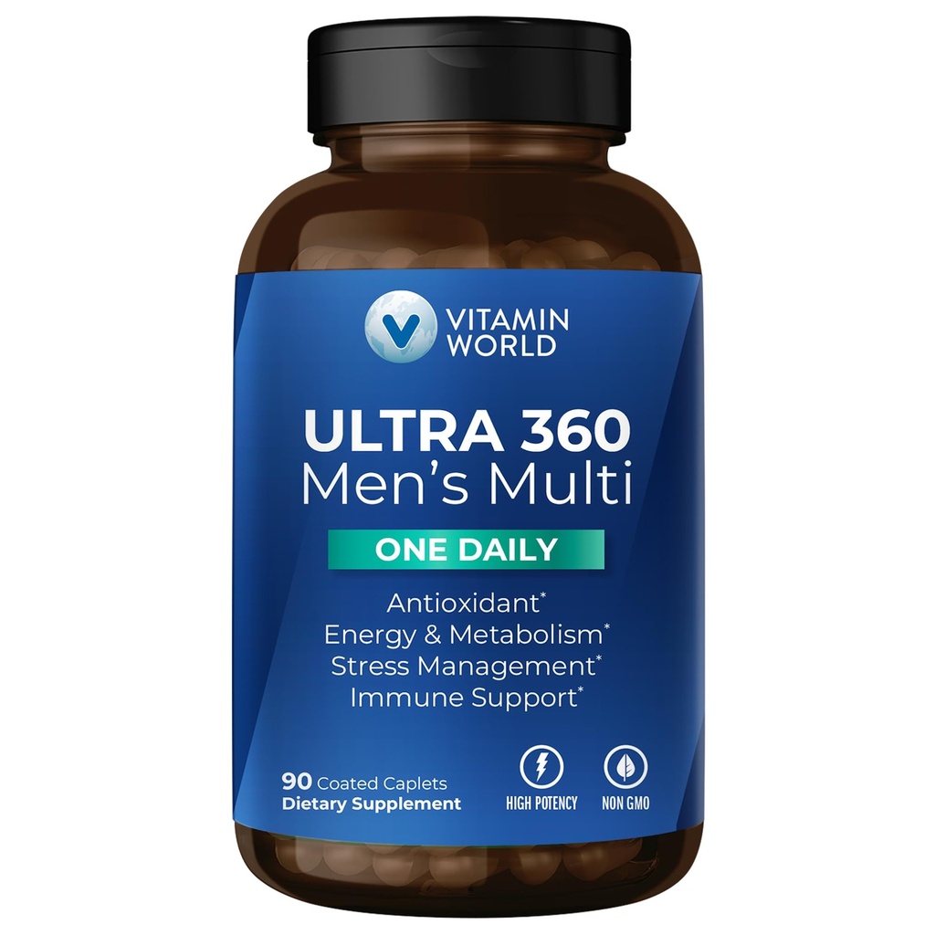 Vitamine World Ultra 360 Multivitamine pour hommes Un jour, Multivitamine pour hommes avec minéraux, herbes et antioxydants, Supplément quotidien avec vitamine A, C, D, E & Zinc pour l'énergie et le soutien immunitaire, 90 Caplets