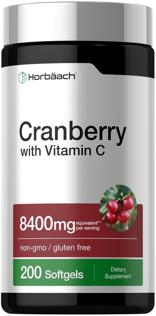 Horbäach Cranberry Pills for Women and Men | 200 Softgels | Extract Supplement with Vitamin C | Non-GMO, Gluten Free