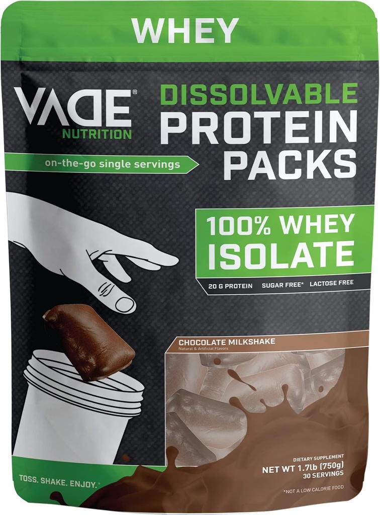 VADE Nutrition Dissolveable Protein Packs - 100% Wei Isolaat Proteïne Poeder Chocolate Milkshake - Lage Carb, Lage Calorie, Lactosevrij, Suikervrij, Vetvrij, Glutenvrij - 30 Pakketten te gaan
