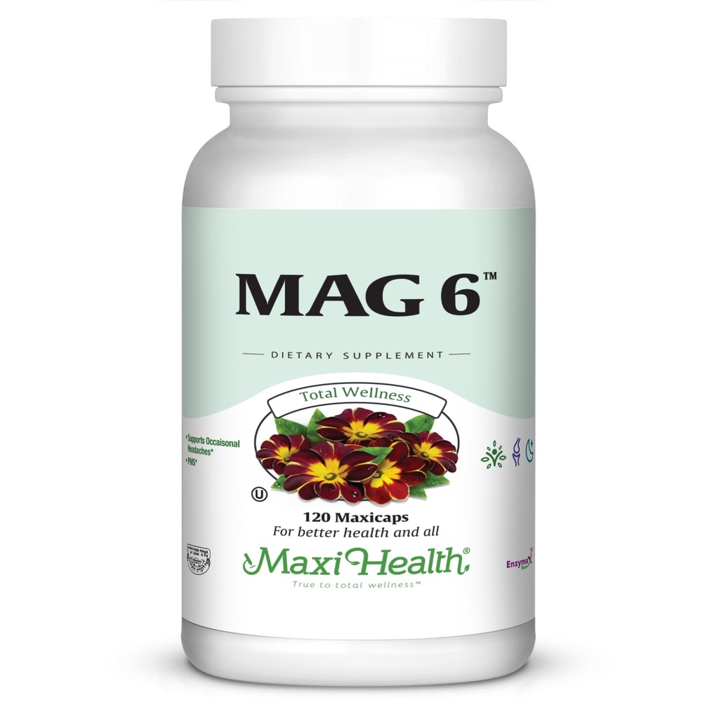 Maxi Health MAG 6 - Magnesium (als oxide, glycinaat) met vitamine B6 - Migraine, spierkrampen, niersteen ondersteuning - Magnesium Supplement voor vrouwen en mannen - 120 capsules - Kosher