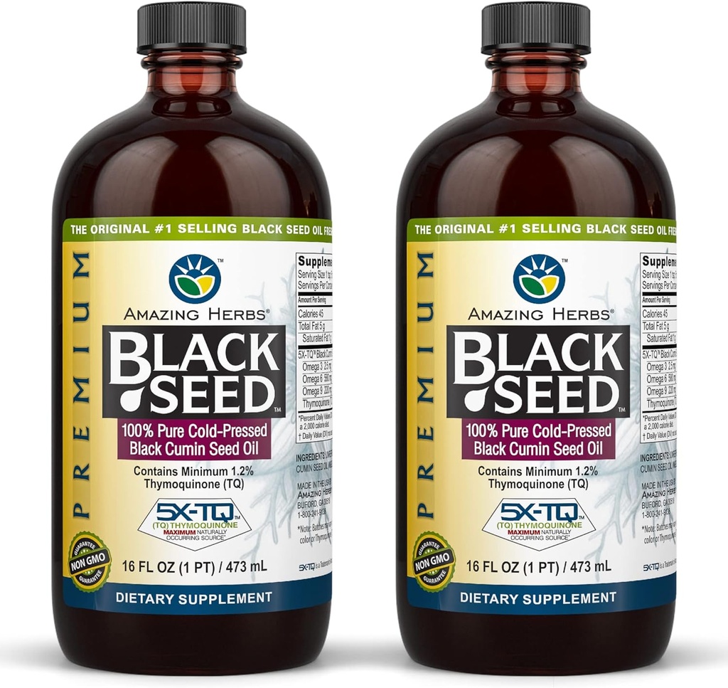Verbazingwekkende kruiden Premium Black Seed Oil - Glutenvrij, Niet GGO, Koud geperst Nigella Sativa Aids in Digestive Health, Immune Support, Hersenfunctie, Gezamenlijke Mobiliteit - 16 Fl Oz (pakket van 2)