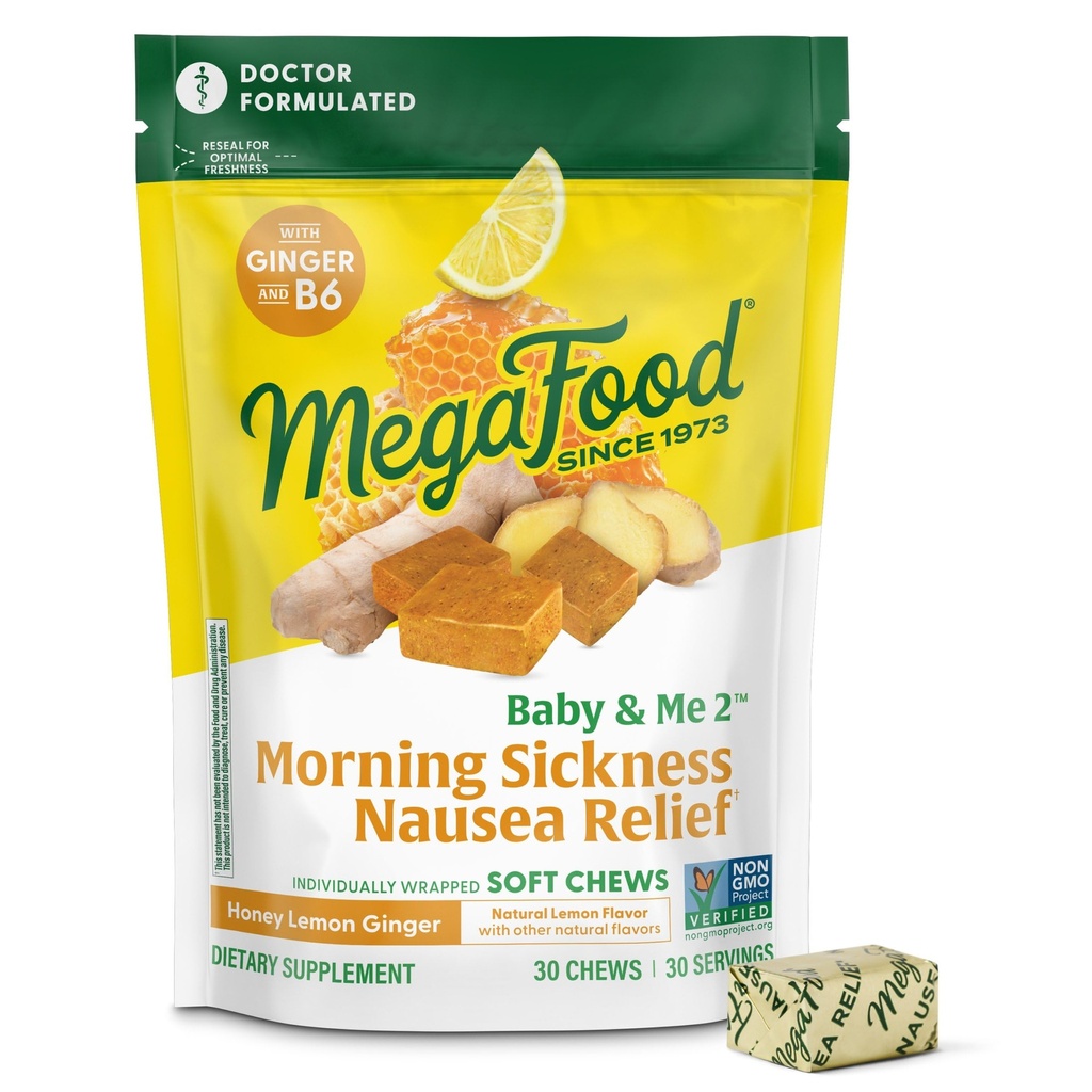 MegaFood Baby & Me Prenatale ochtend ziekte verlichting, Gember kauwen, met vitamine B6, Made Without 9 Food Allergens, Honey Lemon Ginger smaak, 30 Kauwen