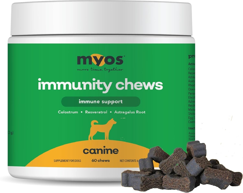 MYOS Immuniteit Kauw voor honden - Immuunsysteem Ondersteuning, Antioxidanten, Helpt Cellular Health & Vitality- met Colostrum, Resveratrol, Astragalus Root, en Paddenstoelen- Dagelijkse Kauwbare Supplement