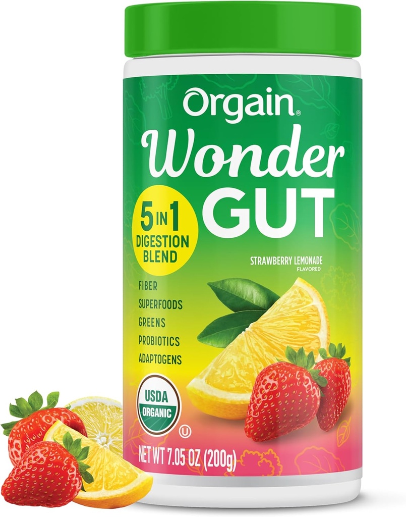 Orgain Biologische Wonder Gut Fiber Supplement Powder, 5 in 1 Blend met 1 miljard Probiotica, Groenen, Vitamine C, Adaptogenen voor Gut Health en Immune Support, Non-GMO, Aardbei Lemonade, 7,05 oz