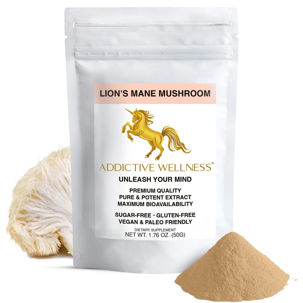 Addictive Wellness Lions La Mane Supplément Poudre, Lions de qualité supérieure Mane Mushroom Poudre Dual-Extract Nootropic, Sans sucre, Vegan & Paleo Friendly Lion Mane Mushroom Supplément - 1500 mg