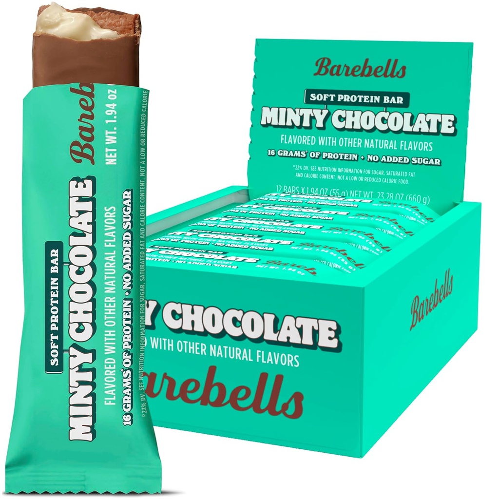 Barebells Zachte Proteïne Bars, Minty Chocolate - 12 Telling, 16g Hoge Proteïne Treats - Chocolade Voeding Bar met 1g Totaal Suikers - On The Go Breakfast of Post-Workout Snack