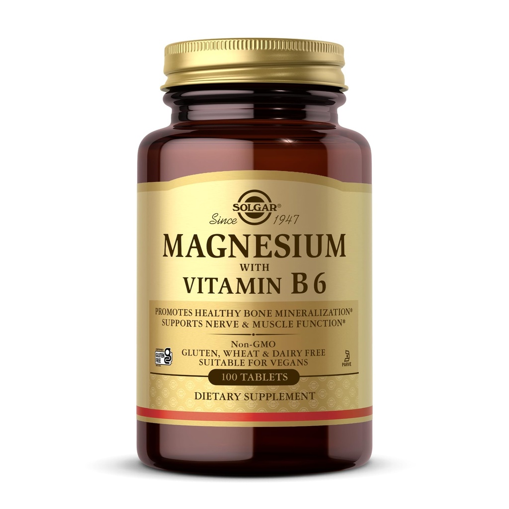 Magnésium de Solgar avec vitamine B6, 100 comprimés - Promouvoir la minéralisation saine des os, soutenir la fonction nerveuse et musculaire, métabolisme de l'énergie - non-OGM, végétalien, sans gluten, sans lait, sans casher - 33 portions
